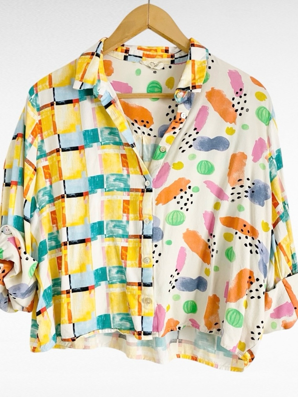 Entro Colorblock Abstract Print Button Down Colorful Oversized Artsy Shirt